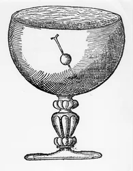 A magnetized needle pushed through a ball of cork, and floating submerged in a goblet of water, shows dip and the direction of the magnetic pole. From William Gilbert